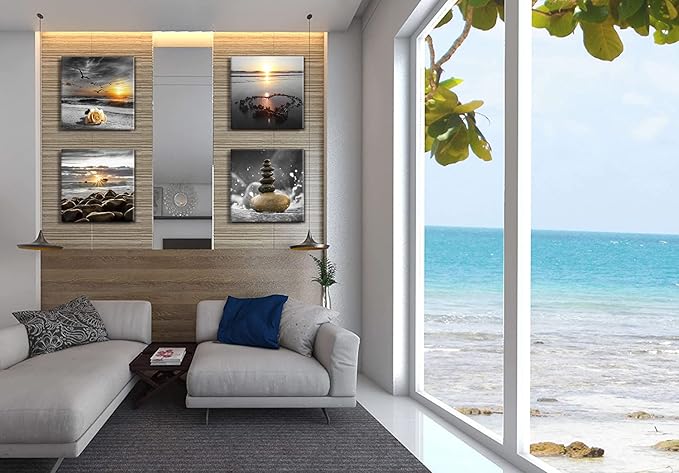 Bamdeya Beach Wall Art Canvas Zen Prints Art Black and White Wall Decor Gold Sea Sunset Seascape Wall Pictures Ocean Sunrise Love Painting for Living Room Bathroom Decor Home Decoration Framed