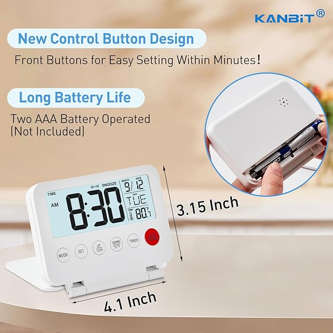 Small Digital Travel Alarm Clock, Large LCD Display Front Button with Date & Temperature, Snooze and 8 Seconds Backlight AAA Battery Operated Desk Clock for Home & Office, White