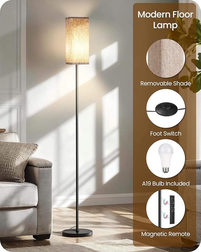 2Pack 64.2” Dimmable Floor Lamp for Living Room with Remote & Foot Switch, Corner Floor Lamp for Bedroom, Includes A19 Bulb, Modern Standing Tall Lamp, ETL Listed Beige and Black E17LDP205