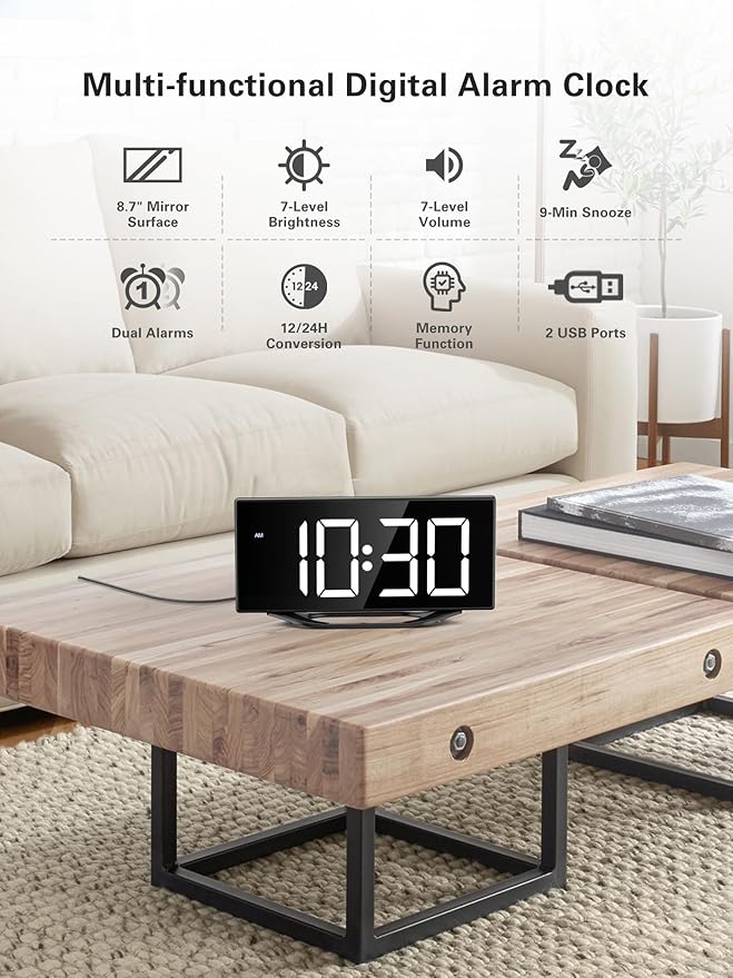 Digital Alarm Clock for Bedroom Bedside, Large Big Numbers Display with Brightness Dimmer, Plug-In Electric Desk Clock with Battery Backup, USB Charging Port, Adjustable Volume, 12/24Hr, Snooze