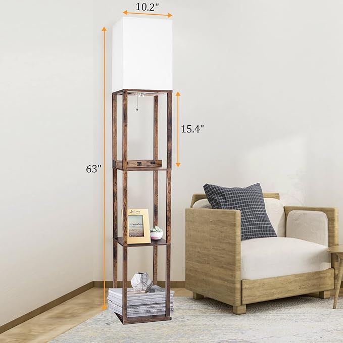 Dott Arts Floor Lamp with Shelves, Shelf Lamp with Wireless Charger & USB A+C Ports & 2 AC Outlets,3 Color Temperature Corner Tall Standing Floor Lamps for Living Room, Bedroom, Office (Brown)