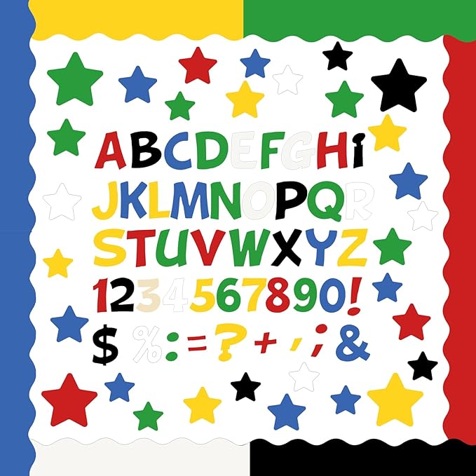 Containlol 188 Pcs Bulletin Board Borders Letters Stars Cutouts Set Include 59ft Poster Board Trims, Alphabet Letter Star Number Punctuation for Classroom(Y2k Bright Color)