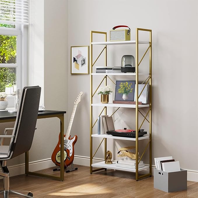 YITAHOME 5 Tiers Gold Bookshelf, Modern Bookshelf, Book Rack, Storage Rack Shelves in Living Room/Home/Office, Books Holder Organizer for Books/Movies, Gold MAYIH0000357MA