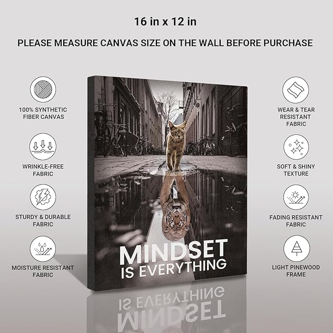 Inspirational Wall Art Framed Canvas 12 x 16 in MINDSET IS EVERYTHING (Tiger) - Motivational Entrepreneur Positive Quotes Wall Arts Decor for Home Office Bathroom Bedroom Kitchen Classroom Gym