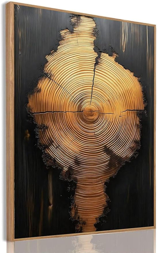 IBHJSART Framed Tree Ring Canvas Wall Art Black And Gold Wall Art Painting Prints Modern Minimalist Pictures Neutral Nature Rustic Farmhouse Decor Living Room Bedroom Bathroom Office
