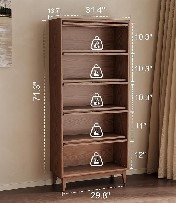 Solid Wood Book Case 5 Tier Bookcase with Tempered Clear Glass Flip-Up Doors Bookshelves Brown natural wood Bookshelf Versatile Pantry Cabinet with Storage Home Office (log color D14xW32xH72 inch)