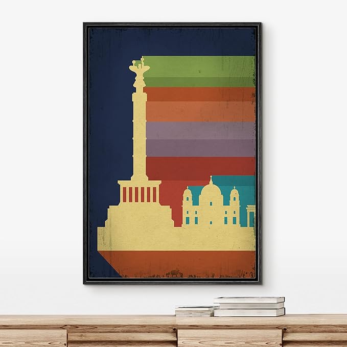 IDEA4WALL Framed Canvas Print Wall Art Retro Vintage Berlin Germany Poster Cultural Building Illustrations Modern Art Contemporary Scenic Warm for Living Room, Bedroom, Office - 16"x24" BLACK