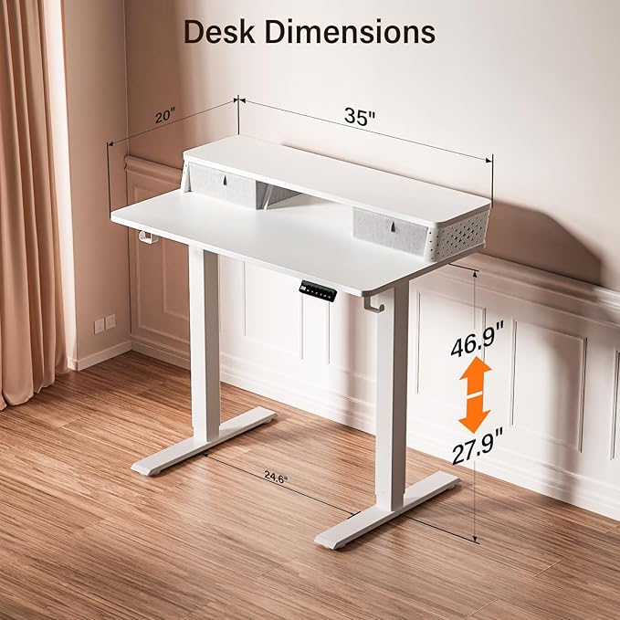 Kingant 35 x 20 Inch Small Electric Standing Desk with Dual Drawers, Height Adjustable Sit to Stand Computer Desk with Storage Shelf and C-Clamp Mount Compatibility for Home Office, White