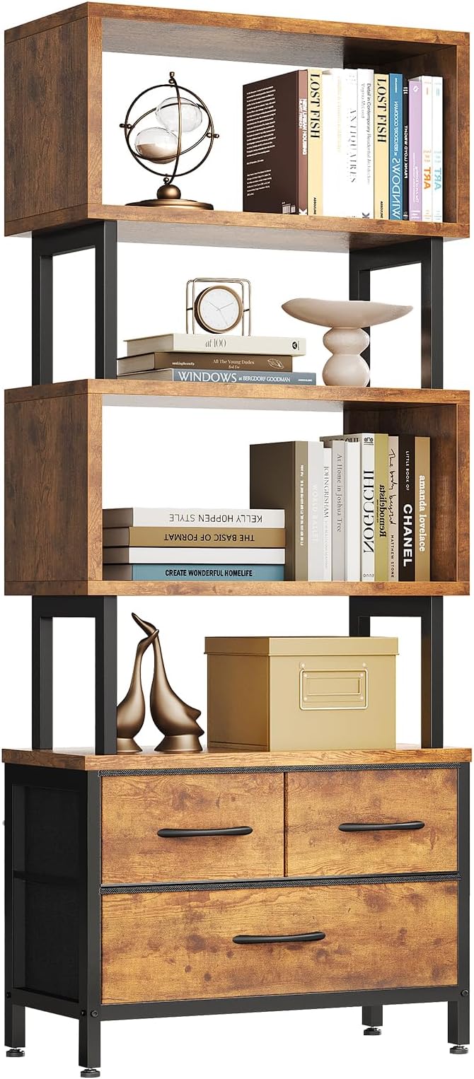 Casaottima 7 Tier BookShelf, Tall Geometric Bookcase with Fabric Drawers, Modern Display Book Shelves Book Case for Living Room Bedroom, Wood Decorative Standing Shelving Unit for Home Office, Vintage