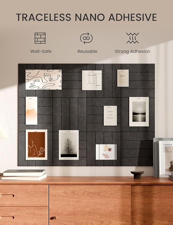 Bumusty Large Cork Board Alternative-48 x 36" Felt Bulletin Board Tiles, with 30 Pushpins, 70 Adhesive Tabs, 12-Pack Slat Wall Paneling, Cork Boards for Office Push Pin Board Felt Board-Charcoal Gray
