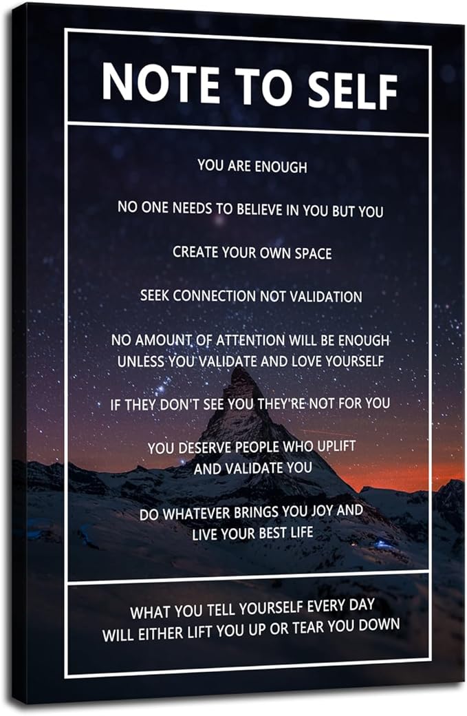 Motivational Canvas Wall Art Note to Self Inspirational Snow Mountain Starry Sky Poster Inspiring Canvas Painting Prints Wall Pictures for Home Decor Living Room Office Framed Artwork [24''W x 36''H]