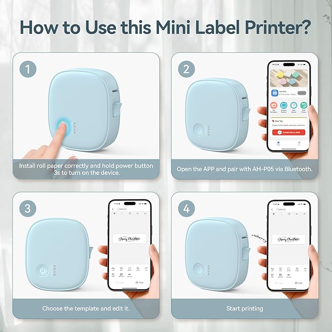 Mini Label Maker Machine with Tape AH-P05, Portable Bluetooth Mini Label Printer, Wireless Thermal Label Maker, Waterproof & Rechargeable, Built-in Cutter, for Home, Office, Kitchen – Blue