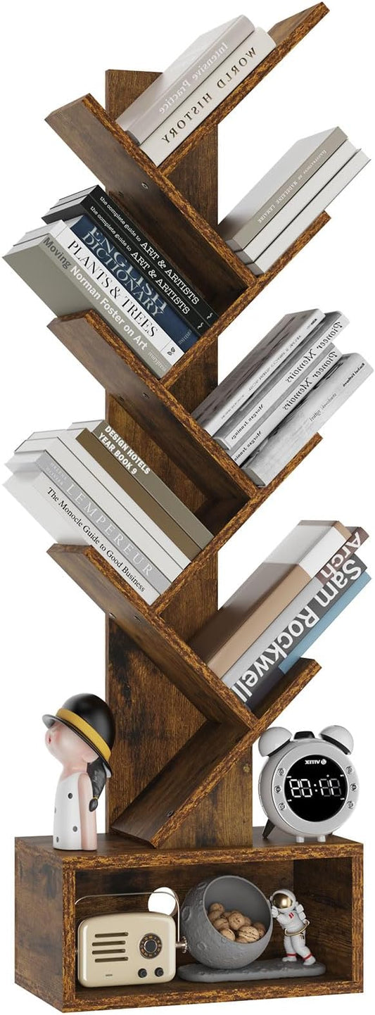 YMYNY 6 Tier Tree Bookshelf, Tall Bookcase, Wood Book Storage Rack with Drawer, Modern Floor Standing Book Shelf for Books/Movies/CDs, Utility Organizer for Living Room, Office, Rustic Brown UHBC016H