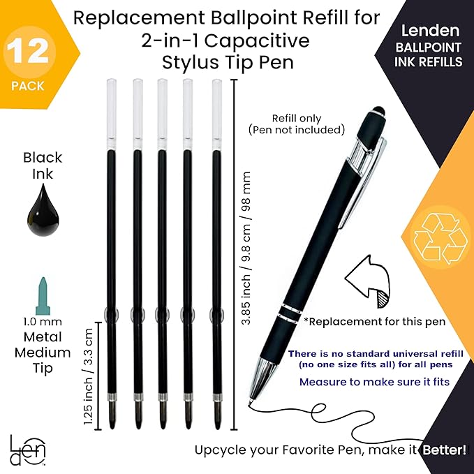 Lenden 12 Pack Ballpoint Pen Refills – 98mm / 3.85” Medium Point 1.0mm Black Ink – Compatible with Stylus/2-in-1 Ballpoint Pens, Retractable Click Pens