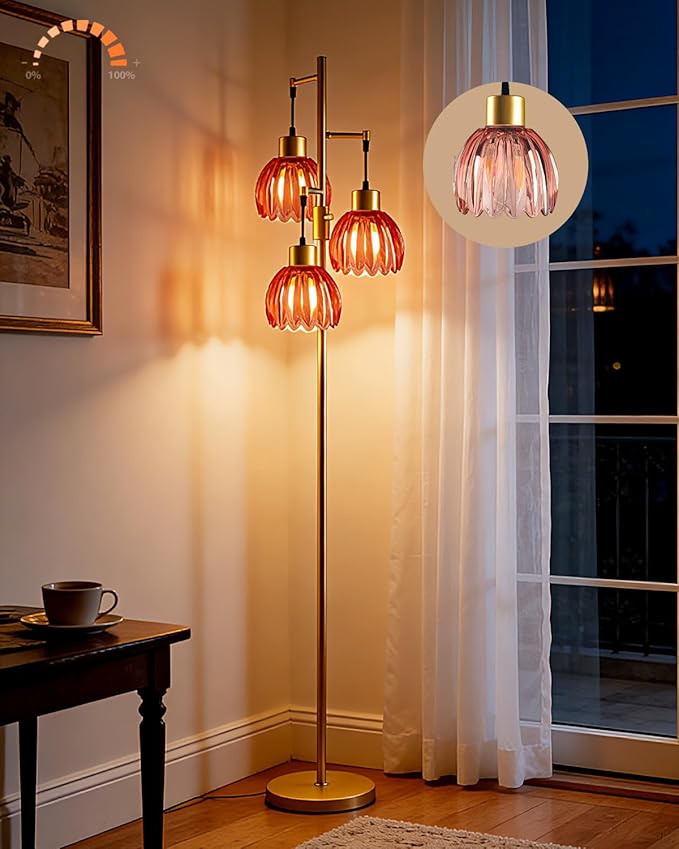 Lightdot 65'' Glass Floor Lamp Dimmable Gold with Deep Red Lotus Glass Shade & 3000K Bulbs Included 3-Lights Modern Tall Standing Lamp for Living Room/Bedroom/Sofa Beside/Corner Decor