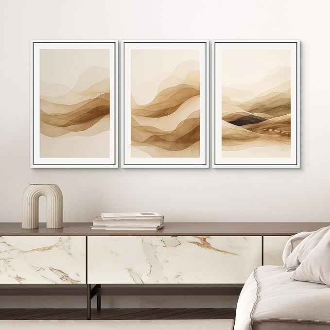 SIGNWIN Framed Canvas Print Wall Art Set Brown Abstract Mountain Neutral Minimalist Landscape Illustrations Modern Art Decorative Nordic Abstract for Living Room, Bedroom, Office - 16"x24"x3 White