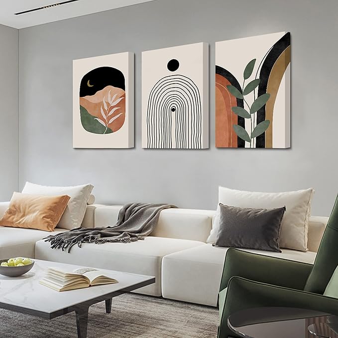 Boho Wall Art Prints Set of 3, Boho Wall Decor, Mid Century Modern Prints Sun Moon Leaf Mountain Canvas Wall Painting, Neutral Abstract Geometric Prints Canvas Artwork Prints for Bedroom Bathroom Living Room Office
