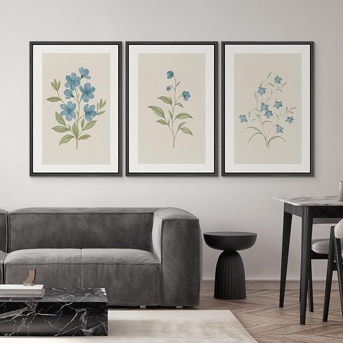SIGNWIN Framed Canvas Print Wall Art Set Blue Floral Botanical Vintage Wildflower Illustrations Modern Art Decorative Nordic Abstract for Living Room, Bedroom, Office - 16"x24"x3 Black