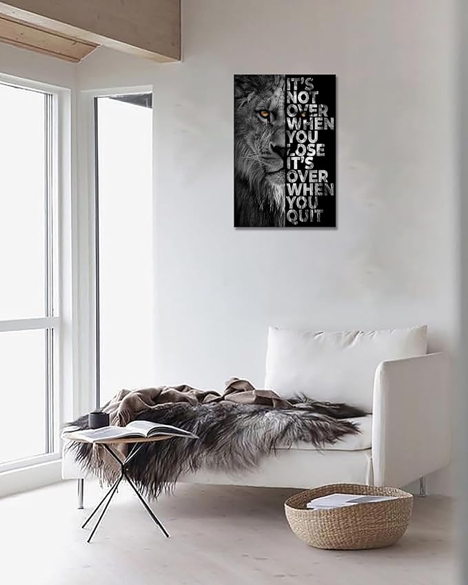 Lion Head Prints Canvas Inspirational Wall Art Black and White Animal Posters Motivational Quote Pictures for Bedroom Dorm Room Office Decor Framed Ready to Hang28x44inches