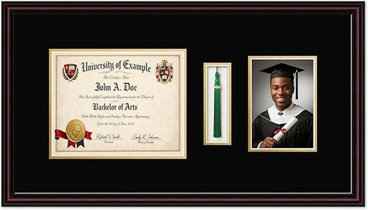 CountryArtHouse Diploma Tassel and Photo Shadowbox Fits 10 x 8 Professional License with Tassel Hook an Executive Brown Genuine Hardwood with Black Over Metallic Gold Double mat