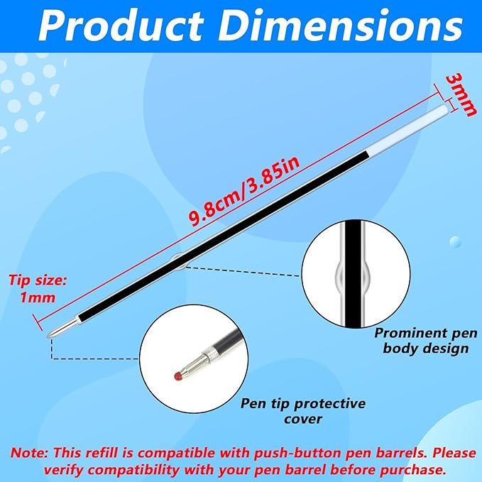 30 Piece Ballpoint Refills 1 mm Medium Point Tip Retractable Ballpoint Pen Refills for Journal Writing Office and School Supplies for Click Pens