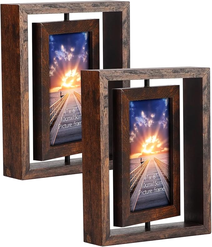 EXYGLO 2 Pack 4x6 Rustic Rotating Floating Picture Frames, Photo Frames for Vertical or Horizontal Tabletop Display, Brown
