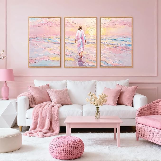 CHDITB Jesus Walking on Water Framed Canvas Wall Art(24"x36"), 3 Panels Colorful Abstract Christian Bible Story Faith LDS Artwork Prints, Large Religious Watercolor Boho Sunset Landscape Christ Gift Decor for Home Office Bedroom