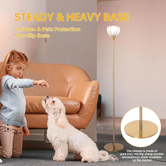 Floor Lamps for Living Room, Bedroom, Gold Standing Lamp with 12W Bulb, Vintage Floor Lamp for Reading, Nursery, Corner (Clear Tulip)