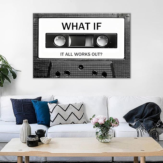 Inspirational Poster Wall Art Decor What If It All Works Out Motivational Quotes Printed on Canvas Vintage Cassette Tape Picture Painting Artwork for Modern Home Living Room Ready to Hang [24" Wx36 H]