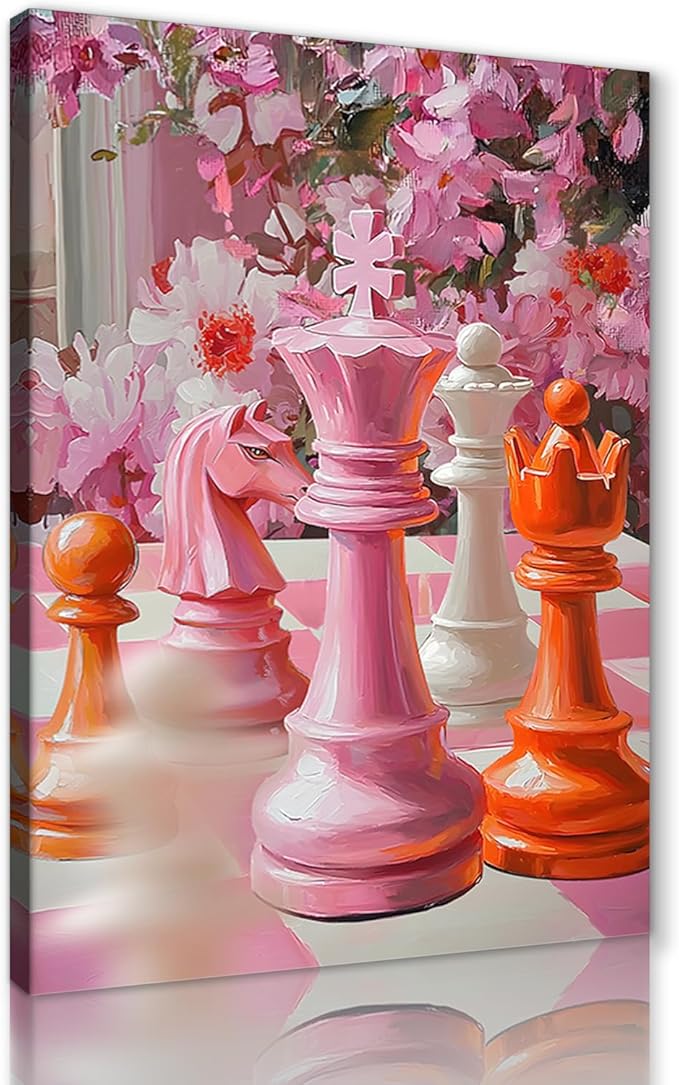 Chess Pictures Wall Art - Trendy Canvas Prints Chess Wall Decor Intelligence Game Challenge Poster Chessboard Painting Pink Aesthetic Artwork for Bedroom Living Room Home Office, Framed 28"x 44"