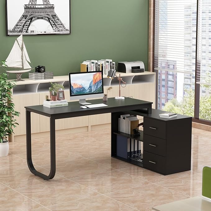 FUFU&GAGA 55.1" Large L-Shaped Office Desk with 41.3" File Cabinet, Corner Computer Desk with 3 Drawers & 2 Shelves, Workstation Executive Desk with Storage Shelf for Home Office - Black