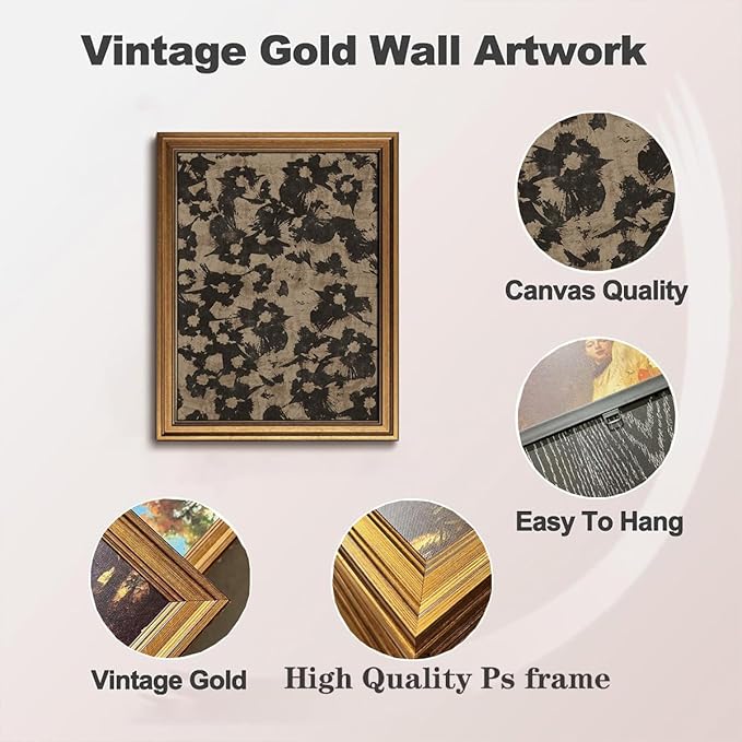 Gold Framed Wall Art Vintage Canvas Wall Art Crushed Flower Minimalist Floral Pattern Botanical Artwork Prints Picture for Living Room Bedroom Farmhouse Bathroom Office Decor, 16x24