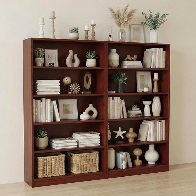 5 Tier Wooden Bookshelf, 60" H Tall Book Shelf with Adjustable Shelves, 33" Wide Bookshelf for Home Office, Living Room