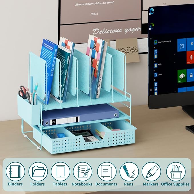 Blue Desk Organizer, Office Organization with Vertical File Holder, File Organizer with Drawer and Pen Holder, Desk Accessories and Workspace Organizers for Home Office (Sky Blue)