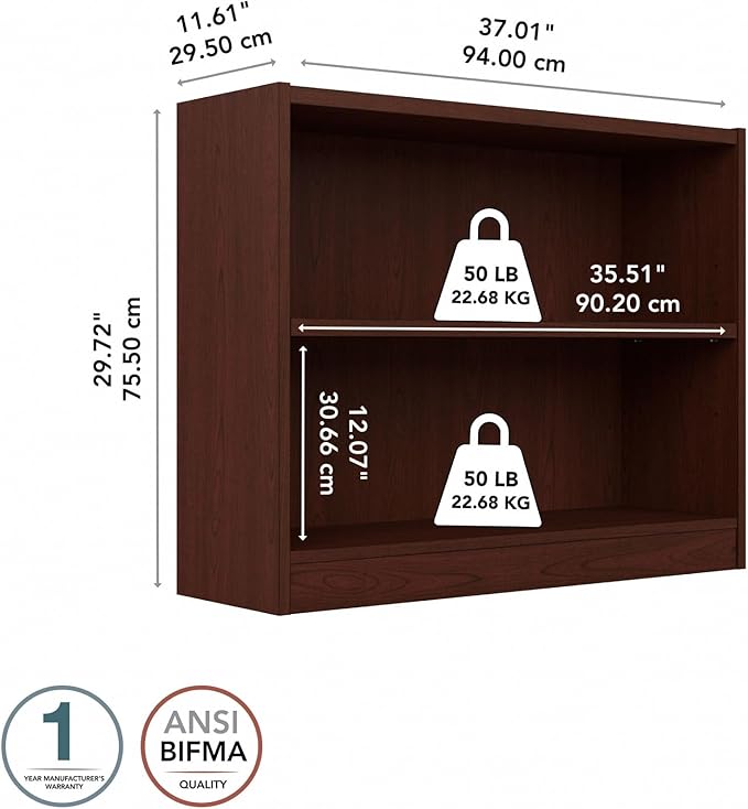 Bush Home Universal Small 2 Shelf Bookcase in Vogue Cherry, Low Storage and Display Bookshelf for Home Office or Living Room Organization