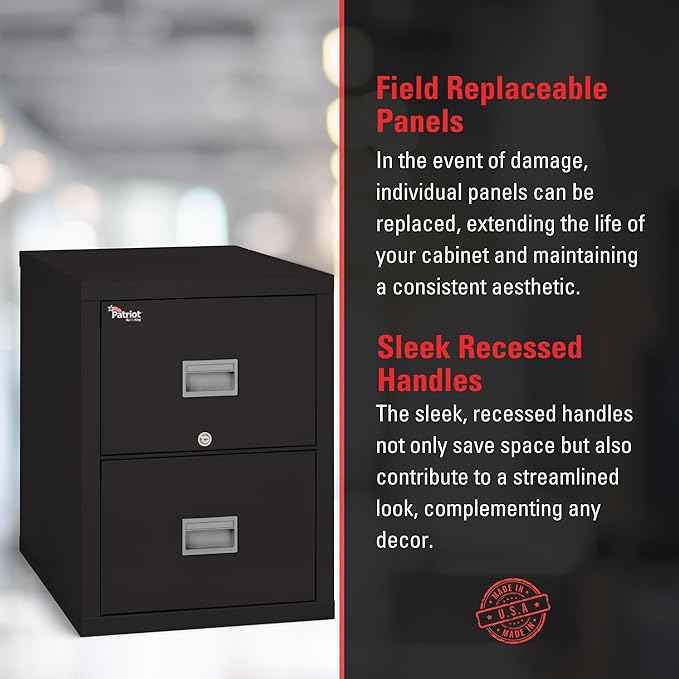 FireKing Patriot 2P2131-CBL Insulated UL Class 350 one-Hour Fire Rated Vertical Filing Cabinet with 2 Drawers, Deep Legal Size, 31-9/16" Length x 20-13/16" Width x 27-3/4" Height, Black