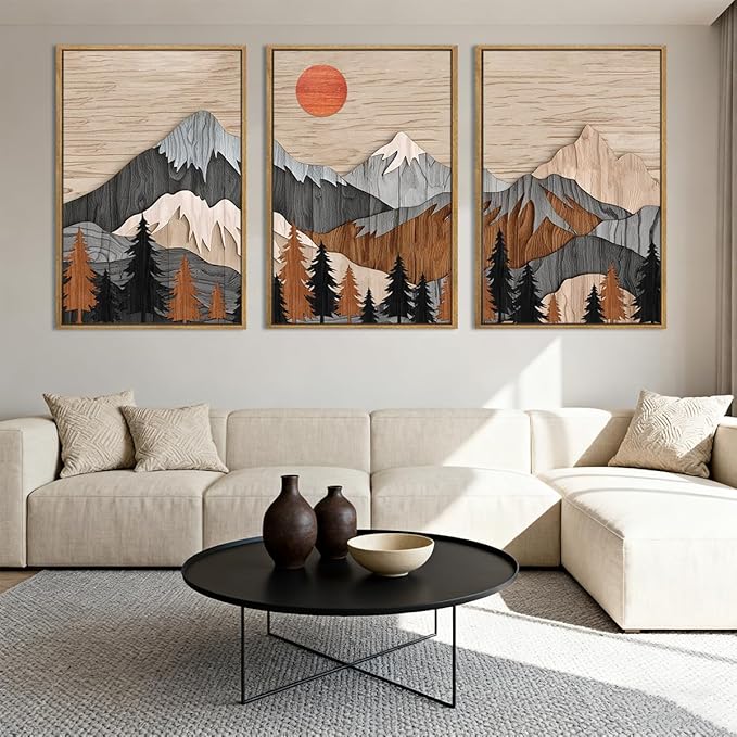 ANHUIB Mountain Wall Art 16x24 Inch Large Forest Wall Decor Woodcut Pine Tree Illustration Nature Wilderness Art Print Abstract Landscape Painting Set of 3 for Living Room Bedroom Office