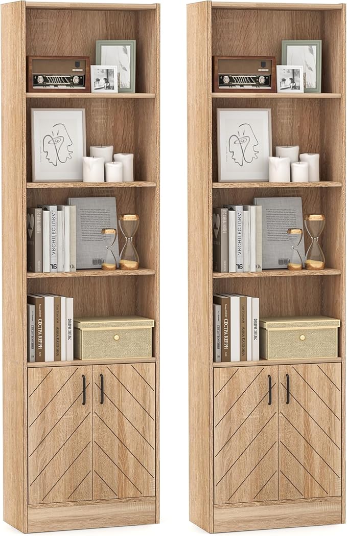 Giantex 6-Tier Bookshelf with Doors Set of 2, 71" Tall Bookcase w/ 4 Open Cubes & 3 Adjustable Shelves, Mid Century Display Cabinet, Modern Floor Storage Organizer for Living Room, Study, Oak