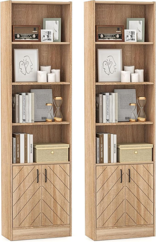 Giantex 6-Tier Bookshelf with Doors Set of 2, 71" Tall Bookcase w/ 4 Open Cubes & 3 Adjustable Shelves, Mid Century Display Cabinet, Modern Floor Storage Organizer for Living Room, Study, Oak