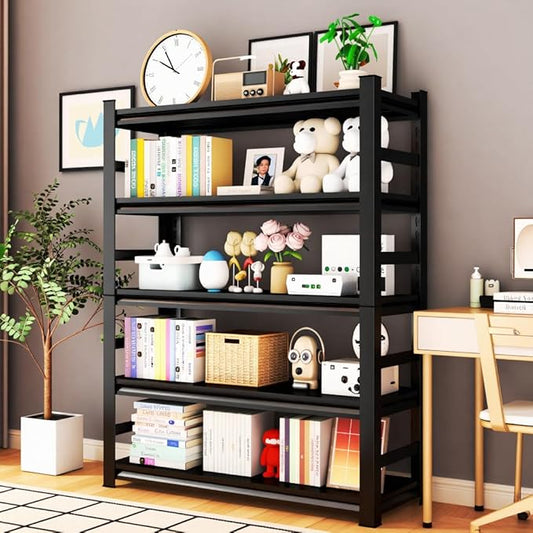 47''Wx88''H Book Shelf, Screwless 5-Tier Installation Metal Bookshelves, Heavy Duty Steel Bookcases, Adjustable Tall Industrial Bookshelf for Living Room, Bedroom and Library, Black