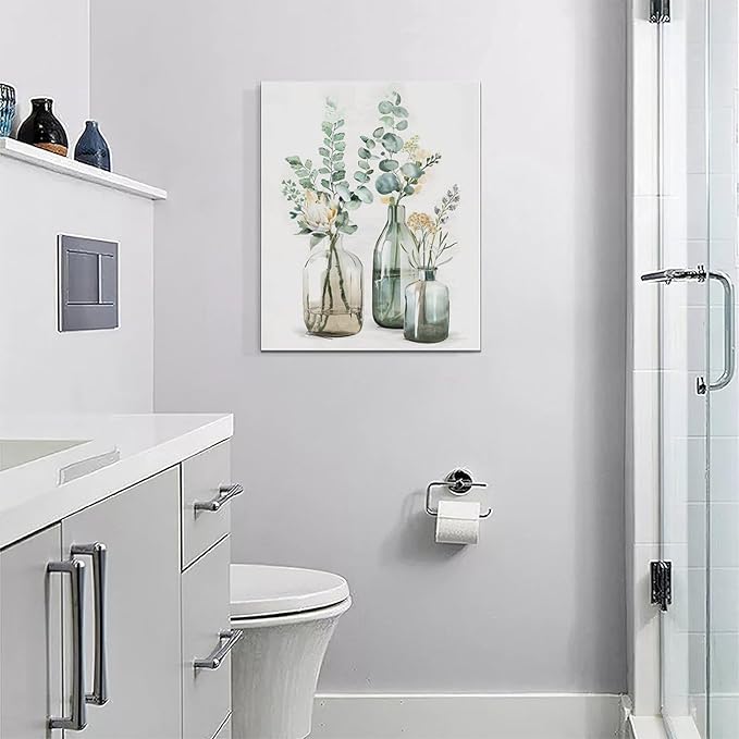 Botanical Bathroom Wall Art Rustic Green Plant Pictures Wall Decor Botanical Canvas Country Print Painting Modern Decoration Artwork for Bathroom Living Room Bedroom Office Framed 16"x20"