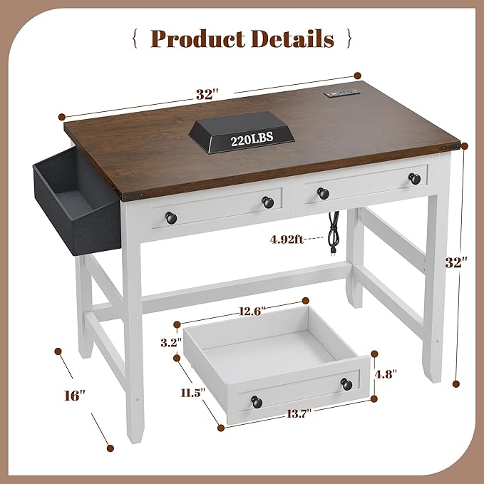 EnHomee Computer Small Desk with Power Outlets, White Desk with 2 Drawers, Small Study Writing Table with Stable Frame for Home Office, Modern Simple Vanity Desks for Bedroom