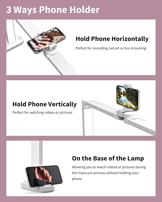 Nail Desk Lamp for Nail Tech, Foldable 34in 48W Half Moon Light with Phone Holder and USB Charging Port, 3 Color Temperature Dimmable LED Desk Light (White)