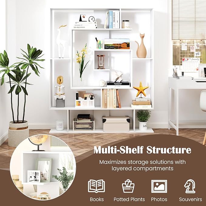 Giantex 7-Tier Geometric Bookshelf with Open Shelves, Modern Bookcase Display Shelf for Living Room Bedroom Study, Freestanding Storage Rack with Anti-Tip Kit, 49.5''L x 8.5''W x 59''H (White)