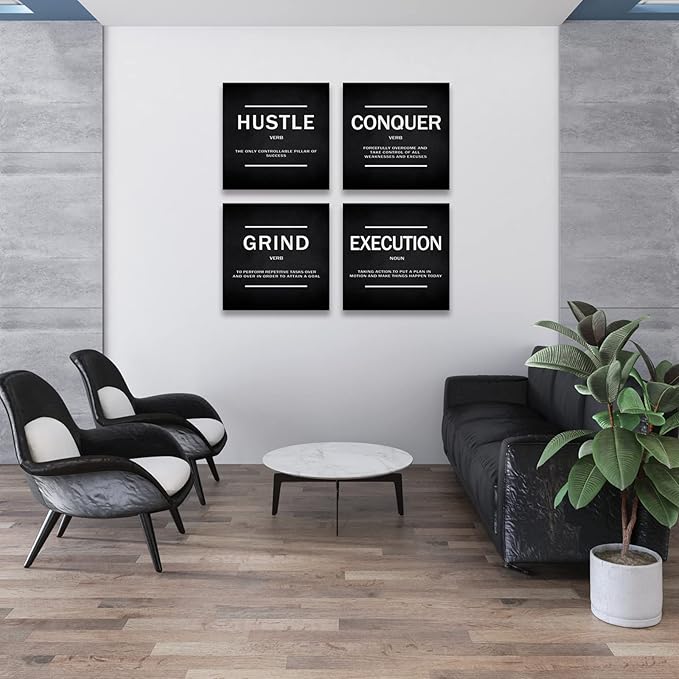 BWSPACE Grind Hustle Execution Conquer Entrepreneur Quotes Inspirational Wall Art Canvas Painting Decor for Office Bedroom Living Room(12" Wx12 Hx4pcs)