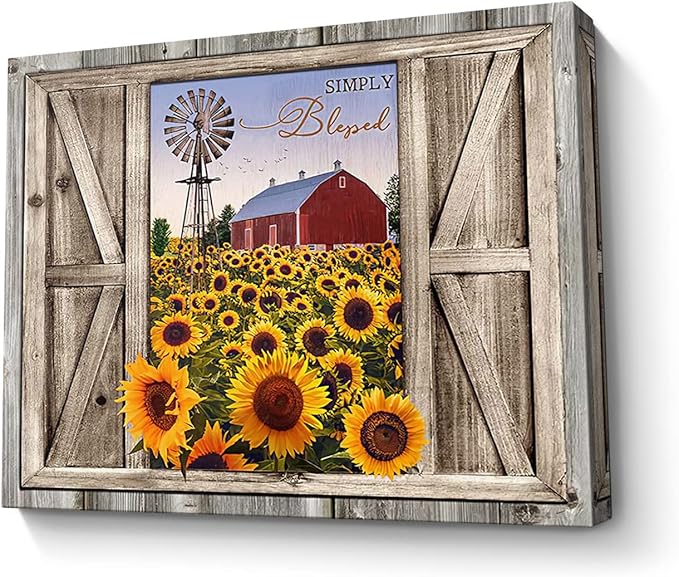 Parylore Sunflower Wall Art Canvas Print Rustic Wall Decor Sunflower Field Red Barn And Windmill Painting Framed Modern Artwork for Living Room Bedroom Bathroom Office Home Decor 12x16 In