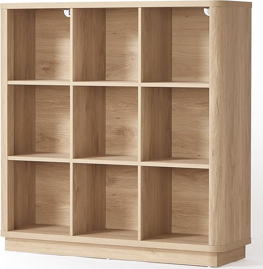 9 Cube Storage Book Shelf, 41" Tall Organizer Bookshelf with Curved Edge, Modern Floor Standing 3-Tier Cubby Bookcase with Base, Wood Display Book Case for Living Room, Home Office,Natural Oak