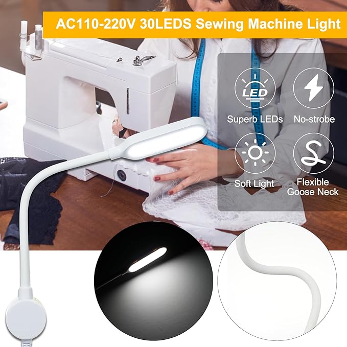 Sewing Machine Lamp Dimmable 30LEDs Light Fixture Touch Control 3 Brightness Levels Magnetic Base Flexible Bendable Tube for Sewing Machine Desks Music Stands Craft Workbenches Lathes Lamps