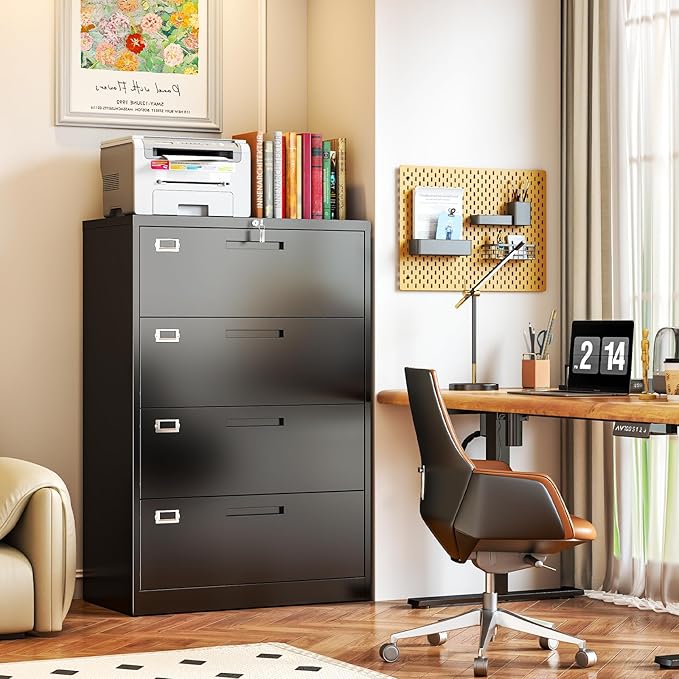 4 Drawer File Cabinet, Locking Lateral Filing Cabinet for Home Office, Black File Cabinets with Business Card Holder for Letter/Legal/F4/A4 Hanging Files
