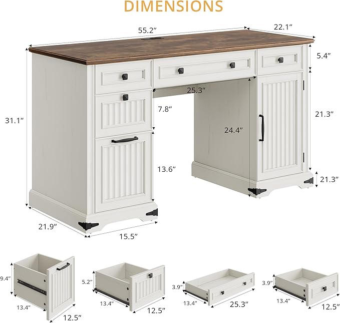 IRONCK 55'' Farmhouse Desk Home Office with Drawers, Wooden Computer Desk with Charging Station, File Drawers and Storage Cabinet, Executive Desk for Work, Study Writing, White